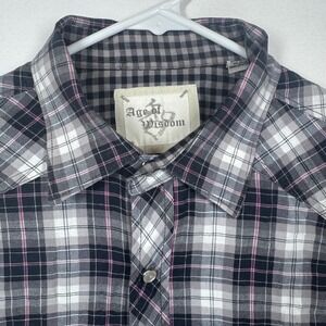 Age of Wisdom Plaid Western Shirt‎ Pearl Snap Long Sleeve Gray Black Pink Sz Lg